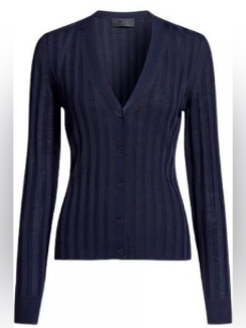 Nili Lotan Navy Ribbed V-Neck Button Cardigan